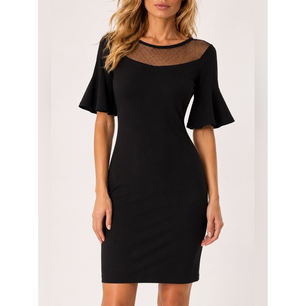 Pink Blush Knee Length Dress Black Mesh Yoke Flutter Sleeve Wedding Evening S